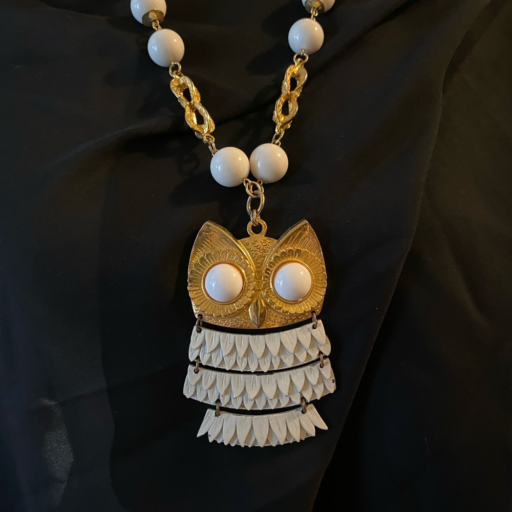 Gold and White Owl Pendant Necklace